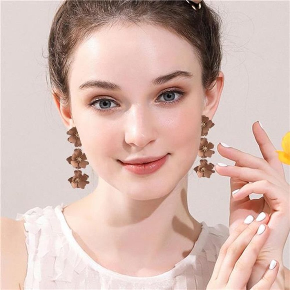 Brown Matte Flower Dangle Earrings Tiered Floral Drop Stud Chandelier Earrings - Picture 3 of 5
